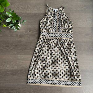 New York & Company Neutral Geometric Mini Dress with Key-Hole Neckline Detail